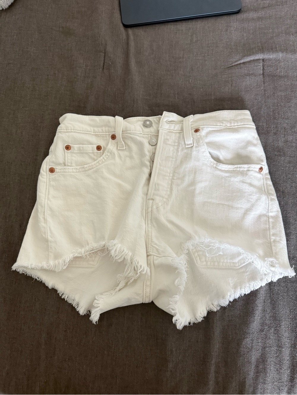 Levi's White Frayed Hem Denim Cutoff Shorts